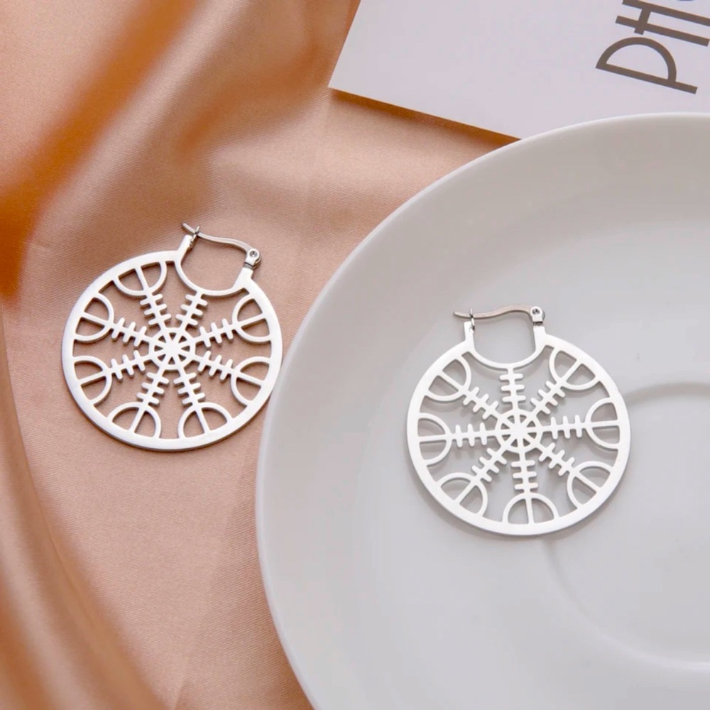 NEW Aegishjalmr/ Helm of Awe Viking Norse Silver Stainless Steel Dangle Earrings - Picture 1 of 3
